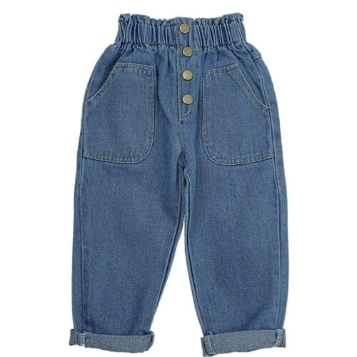 Autumn Spring Baby Girls High Waist Jeans Pants Kids Clothes Casual Children Trousers Elastic Buttoned Denim Girls Clothes Blue