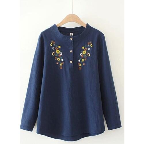 Plus Size Cotton&linen Fashion Tops Long Sleeved Autumn New Blouse Large Size Floral Embroidery White Blusas