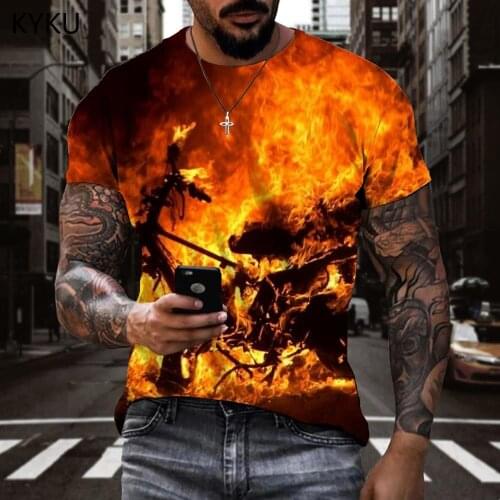 KYKU Brand Flame T-shirt Men Motorcycle Funny T shirts Hip Hop Shirt Print Rock Anime Clothes Mens Clothing Hip hop Printed Male