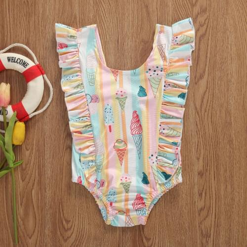 Toddler Baby Girls Cute Ice Cream Print Ruffle One-Piece Swimsuit Infant Kids Sleeveless Romper Swimwear Bathing Suit Beachwear