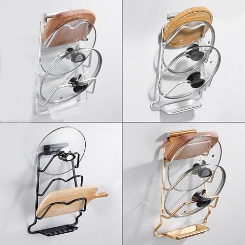 Kitchen Pan Lid Holder Stand Wall-mounted Pot Cover Rack with Drain Tray Free Punching Hanging Cutting Board Drying Racks Shelf