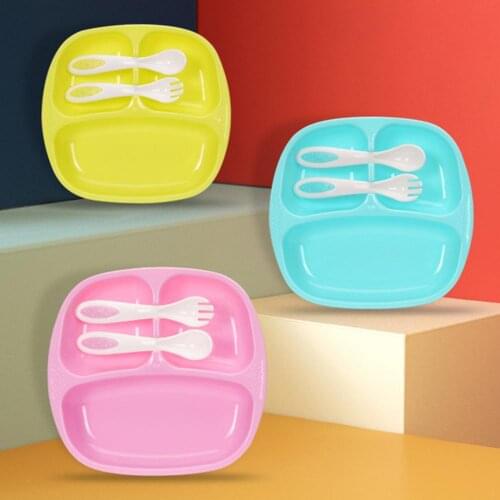 Lovely Portable Baby 3 Division Sections Infant Separated Food Feeding Plate Dish Spoon Fork Cutlery Set