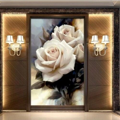 Custom Self Adhesive wallpaper 3d white rose oil painting flower living room bedroom mural background papel de parede Waterproof