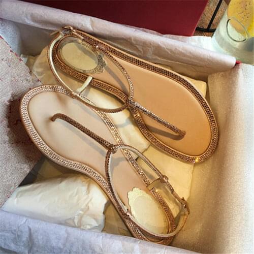 Crystal Thong Sandals Woman New Luxury Brand Narrow Band Rhinestone Flat Shoes Women Summer Buckle Strap Flip-flop Sandals