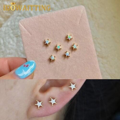 100% 925 Sterling Silver Minimal Delicate Dainty White Star Shaped Fire Opal Stone Paved Cute Lovely Small Stud Earring For Girl