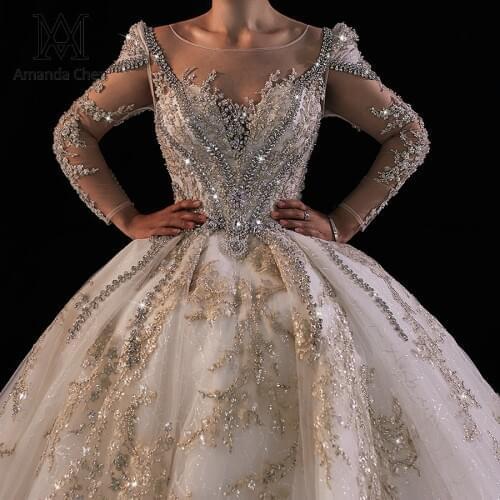 Mariage Long Sleeve Handwork Crystal Beads See Through Back Wedding Dress