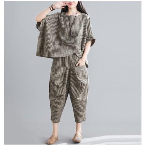 Vintage Lady Tops Shirts Plus Size Women Two Piece Set Suit 2021 Summer Batwing Sleeve Cotton Striped Loose Pants 4XL 5XL 6XL