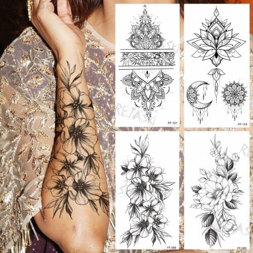 Sweet Pea Lily Flower Temporary Tattoos For Women Female Realistic Moon Flora Indian Style Fake Tattoo Sticker Sexy Arm Tatoos