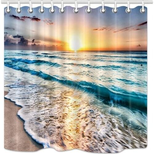 Ocean Beach Shower Curtains Sunset Sea Tide Summer Beach Scenery Bathroom Curtains, Waterproof Polyester Fabric， Include Hooks