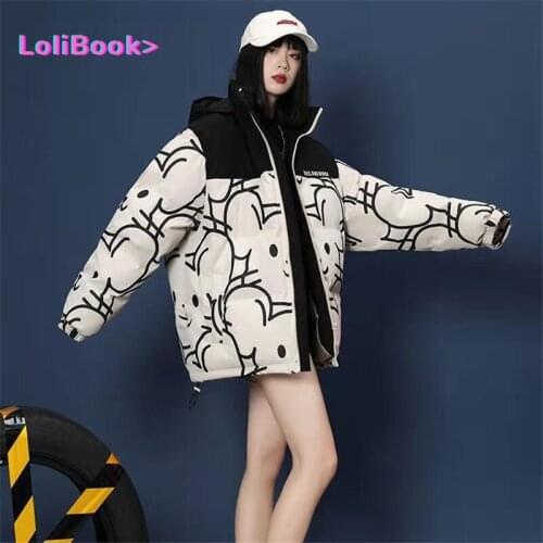 Lolibook Cartoons Printed Cotton Windbreaker Jacket Zip Coats Jackets 2021 Winter Women Warm Thicken Outwear Loose Parka Coat