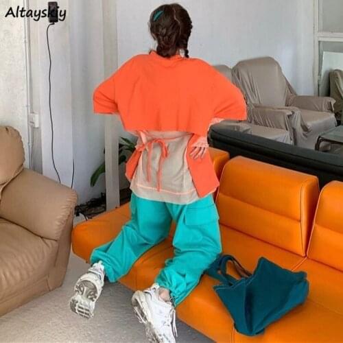 Women Sets Pullover Hole Solid Summer Elastic Waist Wide Leg Mesh Design Harajuku Streetwear Cute Korean Daily College Aesthetic