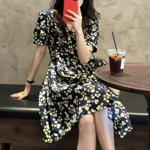 2021 Korean Chic V-neck Summer Dress Short Sleeve Floral Mini Dress Retro Button Dresses Women Elegant Cotton Clothing New 15227