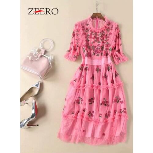 High Quality Runway Designer Women Dress 2019 Round Collar Seuqined Embroidery Short Sleeve Gorgeous Sweet Lady Summer Dress