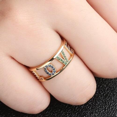 2019 Gold Copper AAA Cubic Zirconia Letter LOVE Rings For Women Cute Fashion Personality Cute Jewelry for Women Gift Rings