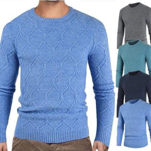 2020 Rhombic Designs Blue Thick Mens Winter Warm Sweater Acrylic Round Neck Top Pullover Retro Casual Knit Sweater For Men