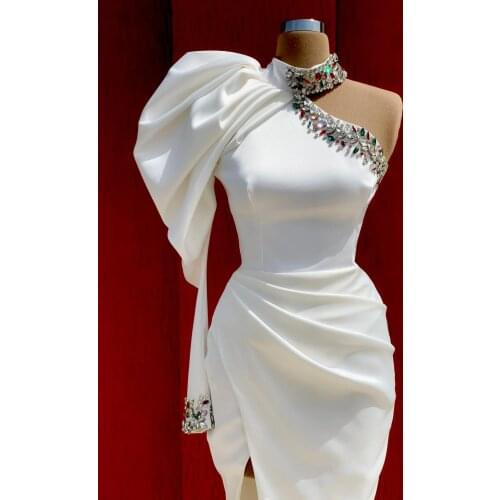 One Shoulder White Satin Prom Dresses With Crystals Side High Split Long Mermaid High Neck Evening Dress Women Pageant Gowns