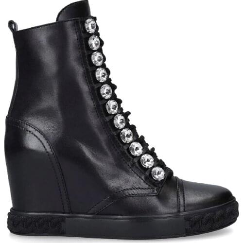 Bling Rhinestone Button Lace Up Sneaker Height Increasing Heel Thick Sole Lace Up Casual Shoes High Top Woman Bottines Shoes