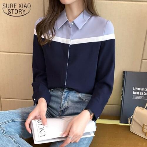 2021 Spring New Womens Shirt Fashion Stitching Tops Female Long Sleeve Chiffon Shirt Women Office Lady Style Slim Blouse 12805