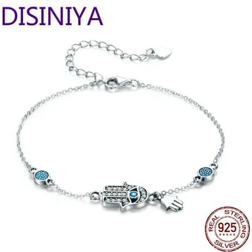 925 Sterling Silver Fatima of Hand Hamsa Eye Bracelets Blue Zircon Chain Link For Women Bangles Fashion 925 Jewelry SCB41079