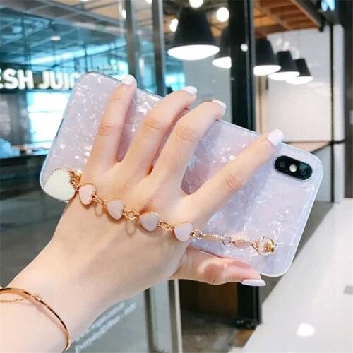 Love Heart Wrist Chain Phone Case For Samsung Galaxy S20 S8 S9 S10 Plus S20FE S21 Note 10 20 Ultra Pink White Marble Soft Cover