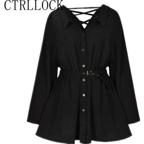 CTRLLOCK Gothic Harajuku Long Sleeve Waist Belt Dress Slim Women V-neck Casual Black Shirt Dress For Female 2021