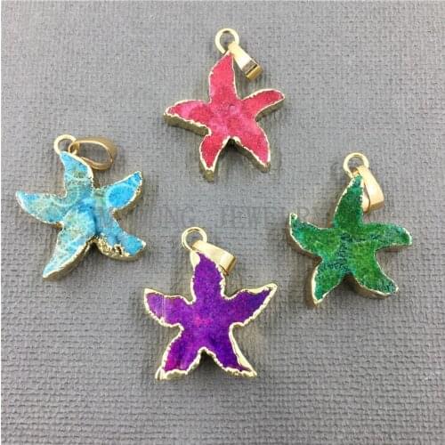 MY0993 Colorful Starfish Shape Chrysanthemum Stone Pendant Necklace Gold Color Bezel Star Pendant