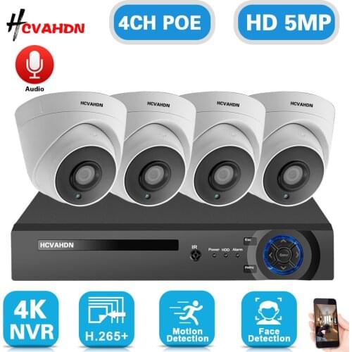 H.265 4CH POE NVR Kit 4K Indoor Home CCTV Security Monitoring Camera System Set 5MP POE IP Dome Camera Video Surveillance Kit