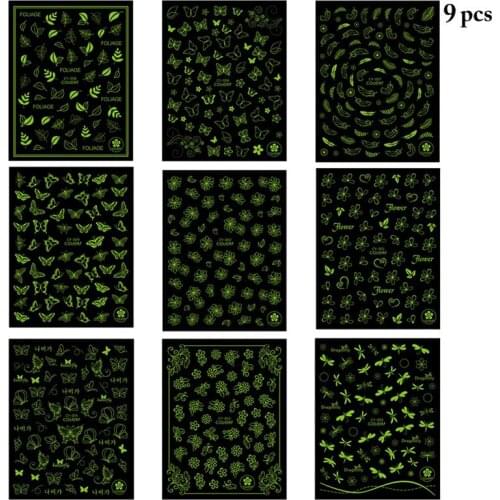Kapmore 9 Sheets Butterfly Flower Nail Sticker Luminous Nail Decal Nail Art Decoration DIY Manicure Tools for Women Girls