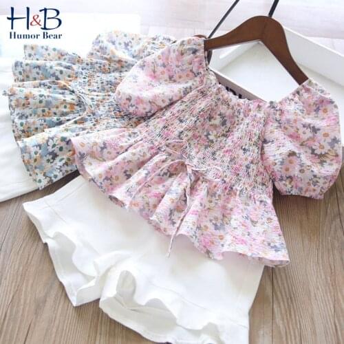 Humor Bear Girls Clothes Set Summer New Ruff- Sleeve Floarl Printed Shirt +Casual Shorts 2PCS Toddler Kids Clothes