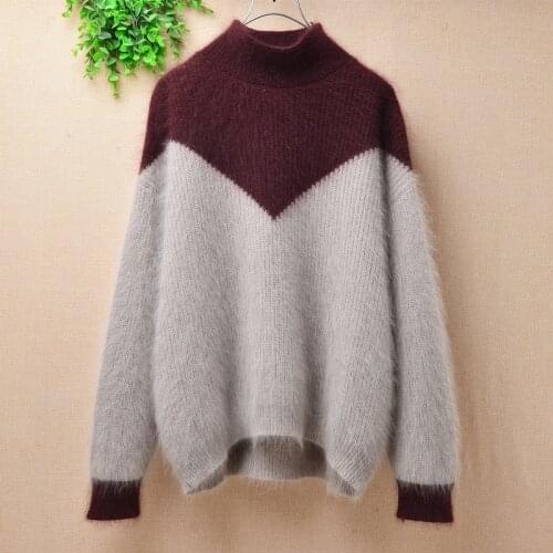 Ladies women fashion short style colored hairy angora rabbit hair knitwear long sleeves crop top loose pullover jumper sweater