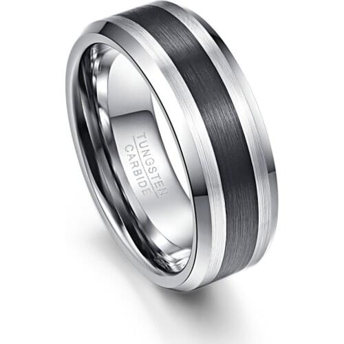 Tungsten Carbide Ring 8MM Mens Ring Brushed Finish and Black Center Beveled Edge Size 5 to 14 Wedding Engagement Ring