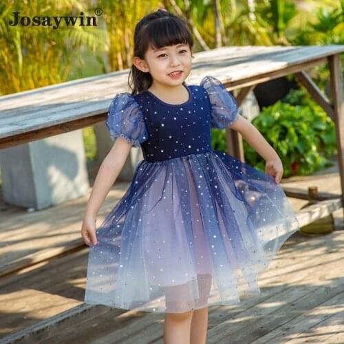 2021 New Style Kids Dress for Girls Mesh Starry Sky Girl Dress Vestidos Puff Sleeve Party Princess Girl Dresses Children Clothes
