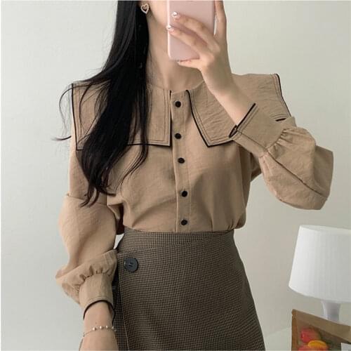 New Vintage solid brown Shirt female Oversize Tops Women Long sleeve Girls Blouse New Autumn Women Blouses femme Blusas