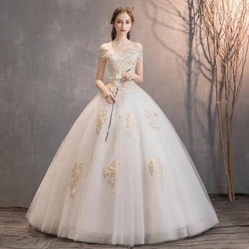 New Korean Style Wedding Dress Golad Lace Pearls Sexy Boat Neck Ball Gown Wedding Dresses Robe de mariee Formal Bride Dresses