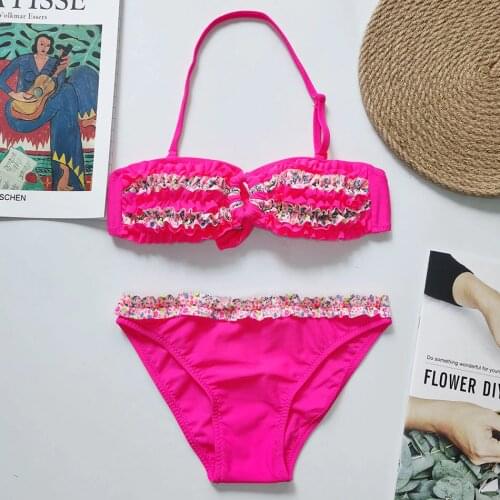 3-16 Years Ruffle Girl Swimsuit Kids Two Piece Childrens Swimwear Patchwork Girl Bikini Set Little Girls Bathing Suit Beachwear
