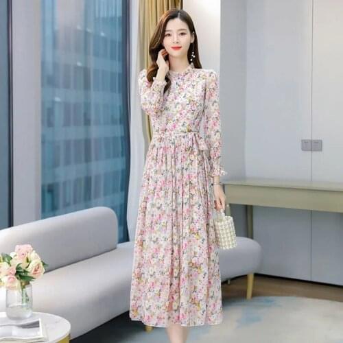 Bohemian Vacation Slim waist Printing Dress Women Sweet Pink Chiffon Long maxi Dresses Autumn lace-up Ruffles sleeve Dress