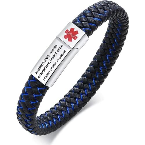 Custom Braided Leather Medical ID Bracelets for Men Personalized Diabetic Allergy Sport Cuff Wristband Bracelet Free Engraving