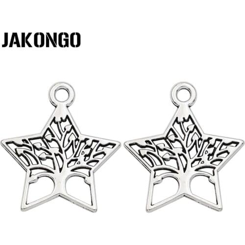 JAKONGO Antique Silver Plated Star Tree of Life Charm Pendants for Bracelet Jewelry Making Accessories DIY Craft 21x23mm
