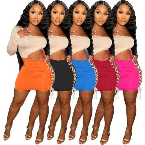 Sexy Side Slit Lace Up Mini Women Dress Fashion Color Block Patchwork Hollow Out One Shoulder Bodycon Clubwear Party Dress Robe