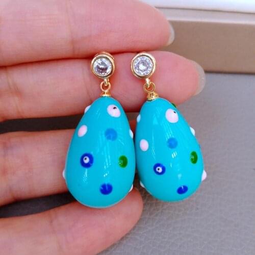 Blue Sea Shell Pearl Teardrop Enamel Cz Dangle Cz Pave Stud Earrings hypoallergenic earings fashion jewelry