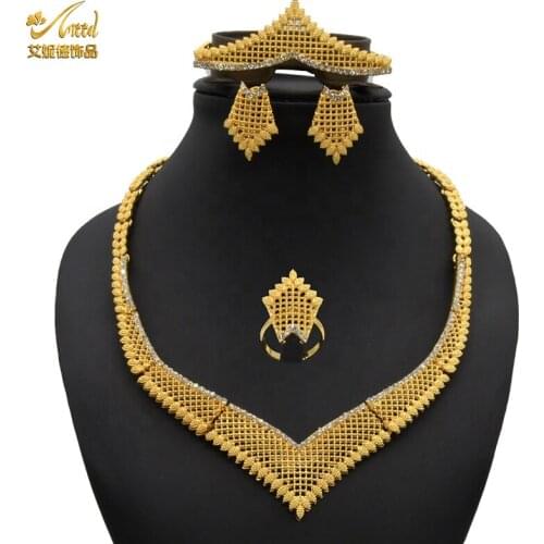 Bridal Dubai Jewelry Sets Fashion Women Gold Rings Big African Necklace Earrings Party Wedding Bracelet Design Gift Accessories
