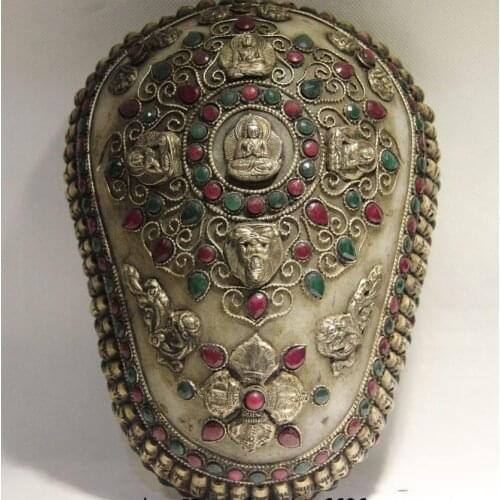 Tibet Buddhism Silver Crystal Inlay Gem Buddha Bodhisattva Bowl Kapala Skull Cup