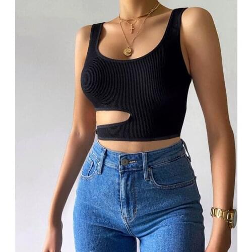 Women Sexy Irregular Skinny Sleeveless Camisoles Khaki&Black Waist Hollow Out Backless Casual U Neck Knitted Streetwear Tank Top