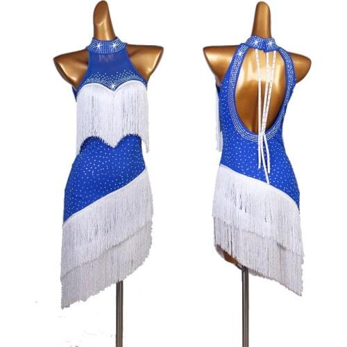 2020 new White blue Latin Dance Dresses Womens Performance Spandex Crystals/Rhinestones Tassel Sleeveless Natural Dress
