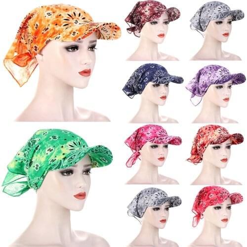 Womens Head Scarf Visor Hat Floral Printed With Wide Brim Sunhat Cap UV Protection Candy Colors Bandana Headband Summer Caps