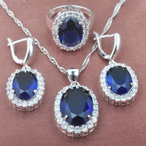 Classic Egg Shape Blue Zirconia White CZ Womens Silver Color Jewelry Sets Necklace Pendant Earrings Ring TZ0460