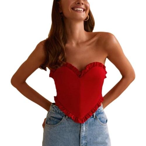 Womens Sexy Bustier Tops, Trendy Strapless Frill Trim Solid Color Lace-Up Backless Corsets