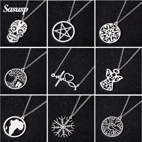 Sasusp Stainless Steel Personalize Heartbeat Angel tree Flower Snowflake African-Map Skeleton-head Choker Necklace Chain Women