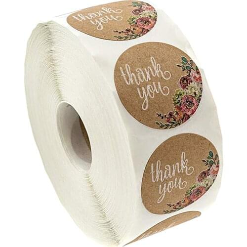 1 inch Round Floral Thank You Stickers Adhesive Kraft Paper Tags / 500 Labels Per Roll