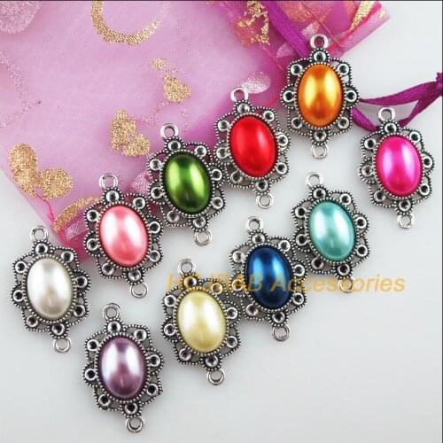 10 New Oval Charms Tibetan Silver Tone Retro Mixed Acrylic Connectors 18.5x29mm
